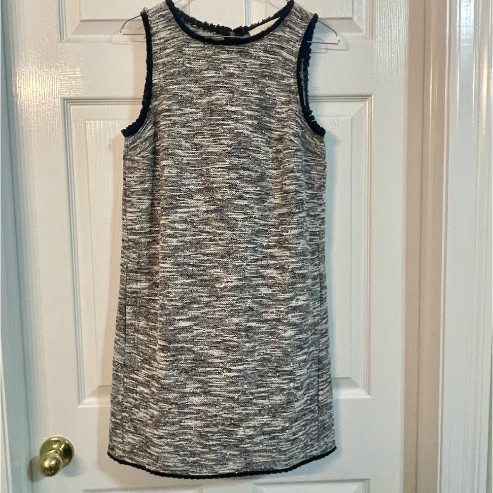 Ann Taylor Loft Sz Small  Boulce Tweed Fringe Shift Dress Confetti Gray Black